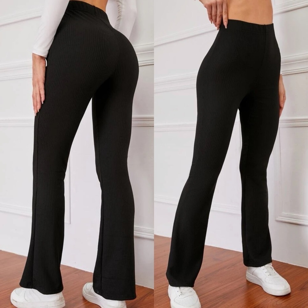 Boho ribbed knit high waisted flared pants minimalist black - Picture 1 of 5